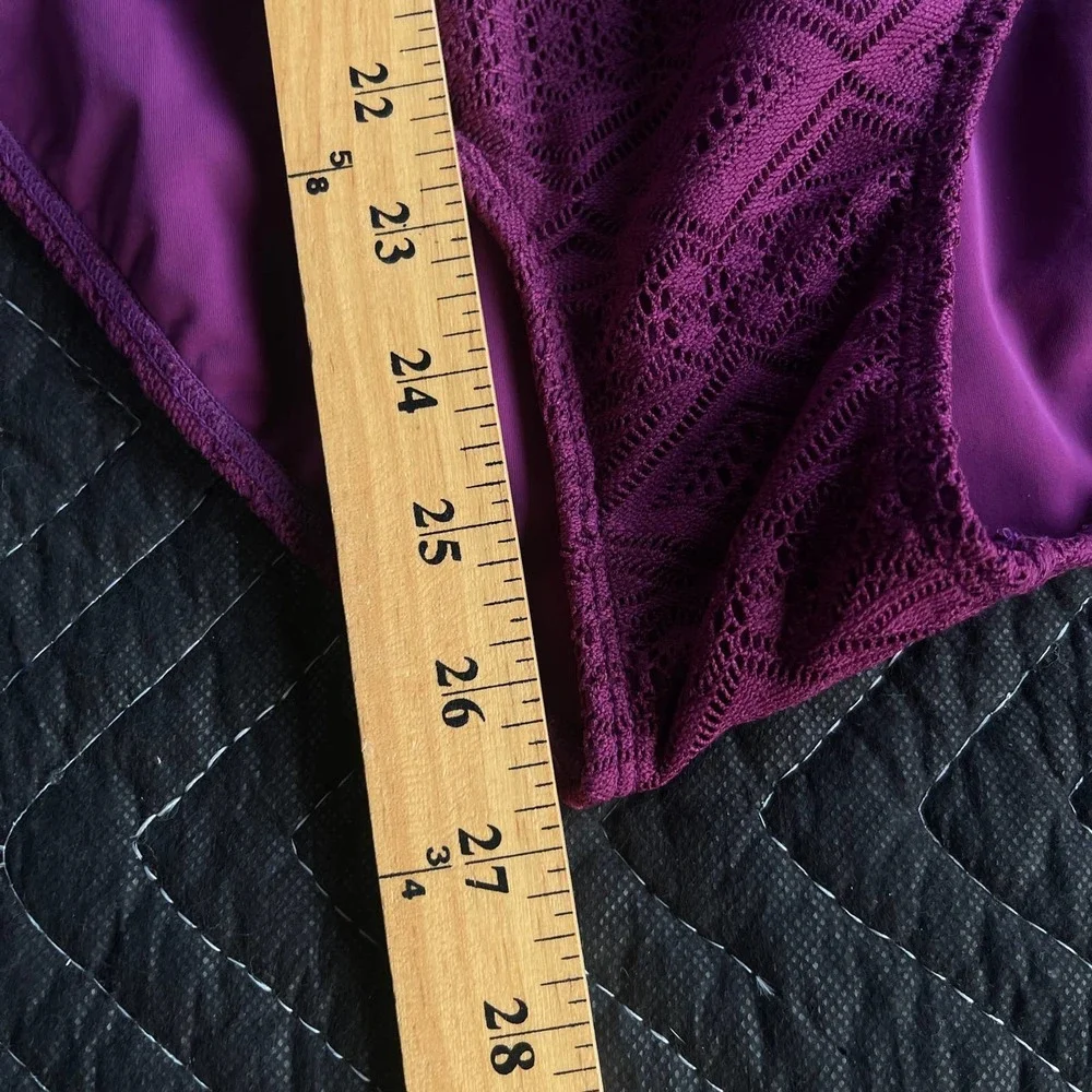 SO Swimsuit Womens Large‎ Purple One Piece Halter Crochet Overlay